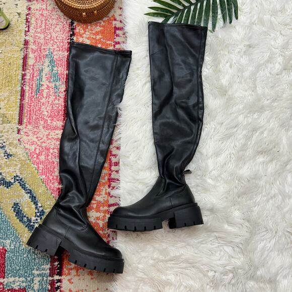 H&M Black Faux Leather Chunky Platform Over the Knee Boot 37 / 6 Concert Goth - Picture 1 of 8